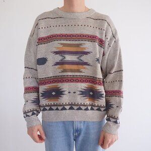 Vintage '90s London Fog Taupe Purple Aztec Cotton Crewneck Knit Sweater Large